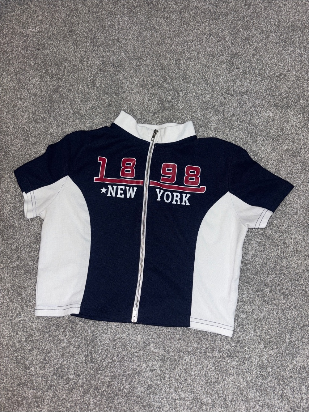 Women’s cropped Navy & White 'New York 1898' Zip-Front Sports Top